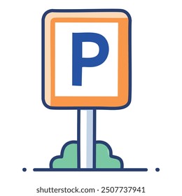 Diseño de icono de señal de estacionamiento. Colorida ilustración de dibujos animados de una señal de estacionamiento con una letra azul 'P' sobre un fondo naranja.