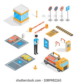 Parking Signs 3d Icons Set Isometric View Include of Car, Road, Barrier, Place and Gate. Vector illustration of Icon