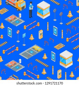 Parking Signs 3d Seamless Pattern Background Isometric View Include of Car, Road, Barrier, Place and Gate. Vector illustration of Icon