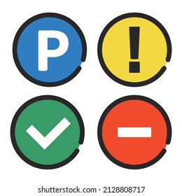 Parking signs and caution signs, check marks and stop signs. A set of editable vector icons.