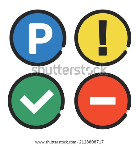 Parking signs and caution signs, check marks and stop signs. A set of editable vector icons.