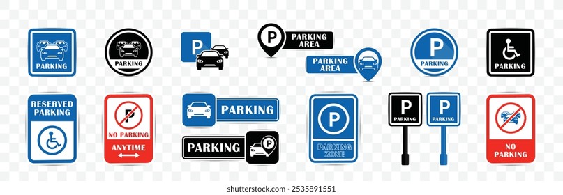 Parking signs with different shapes icon set, No parking rectangle signage. Traffic signs and symbols. car parking sign, reserved parking only icon style. vector illustration