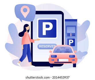 Parking smartphone app. Public car-park. Urban transport. Tiny woman looking for parking lot for park automobile. Modern flat cartoon style. Vector illustration on white background