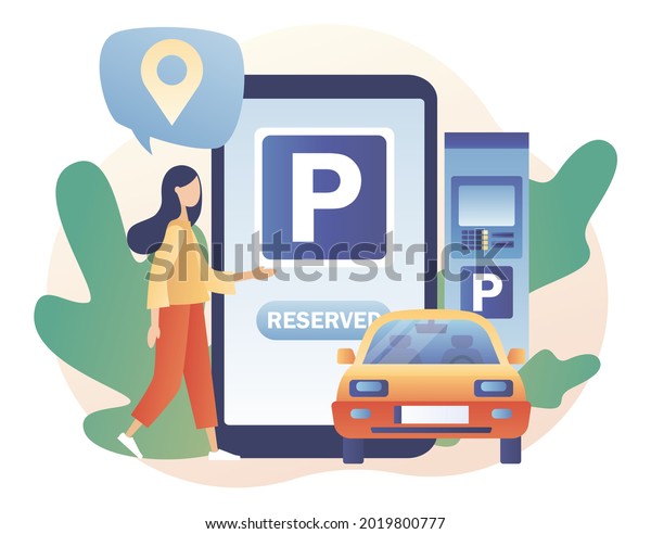 Parking smartphone app. Tiny woman looking for\
parking lot for park automobile. Public car-park in big city. Urban\
transport. Modern flat cartoon style. Vector illustration on white\
background