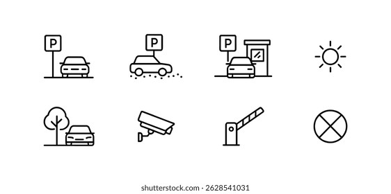 Parking solid icon set - flat, car, security, and facility symbols