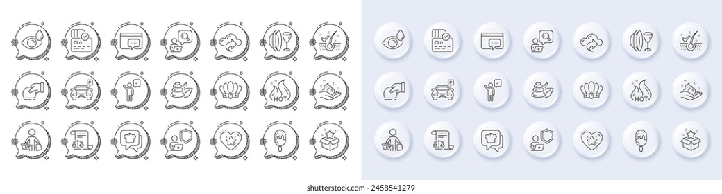 Parking, Spa stones and Hot sale line icons. White pin 3d buttons, chat bubbles icons. Pack of Buyer, Seo message, Donate icon. Anti-dandruff flakes, Agent, Cooking hat pictogram. Vector