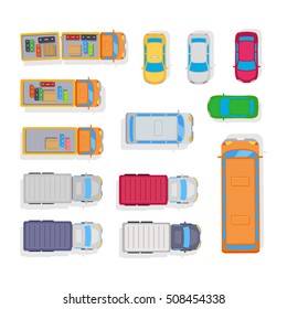 Parking space of cars, bus, baggage in trailer of lorry. Public and private transport. View from the top. For camp scheme or boy cutting-out. Vector illustration isolated in flat style design