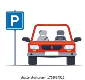 Parking Space For A Personal Car. Iron Sign On The Street. Flat Vector Illustration