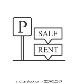 Parking Space Rent And Sale Icon. A Simple Line Drawing Of A Parking Space With A Simultaneous Lease And Sale Mark. Isolated Vector On White Background.