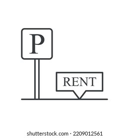 Parking space rental icon. Simple linear image of a parking place with a sign for rent. Isolated vector on white background.