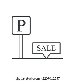 Parking Space Sale Icon. A Simple Line Drawing Of A Parking Space With A Sale Mark. Isolated Vector On White Background.