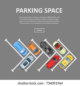 Parking Space Template. Place And Spot To Park A Car Or Other Vehicle, Outside Surface With Vacant Set. Vector Flat Style Cartoon Illustration Isolated On Gray Background, Top View, Copyspace