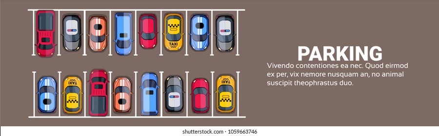 Parking Space Top View With Set Of Colorful Cars, Park Zone Horizontal Banner With Copy Space