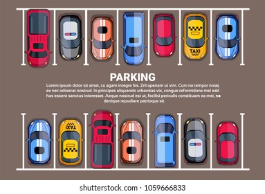 Parking Space Top View With Set Of Colorful Cars, Park Zone Background