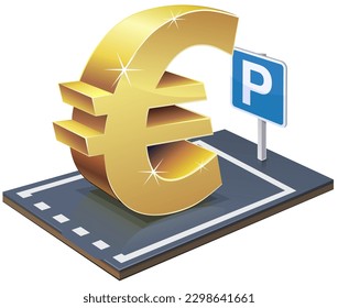 Parking space with a traffic sign with the parking symbol P with markings on the ground and with the symbol of the euro currency in gold placed on it (cut out)