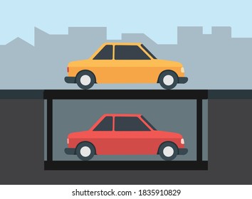Parking space-saving car, car parked underground, modern solution to the problem of parking spaces, vector illustration