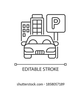 Parking Spot Pixel Perfect Linear Icon. Lot For Automobiles Near Home. Garage Area Service. Thin Line Customizable Illustration. Contour Symbol. Vector Isolated Outline Drawing. Editable Stroke