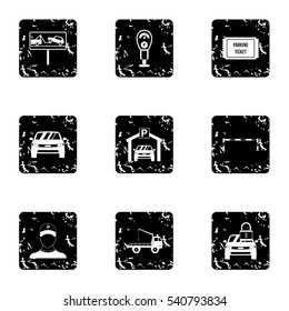 Parking station icons set. Grunge illustration of 9 parking station vector icons for web
