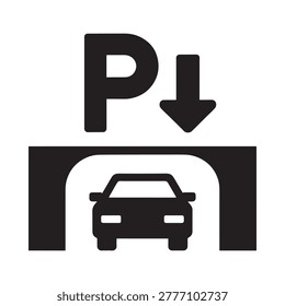Parking symbol indicating designated space with downward arrow and vehicle