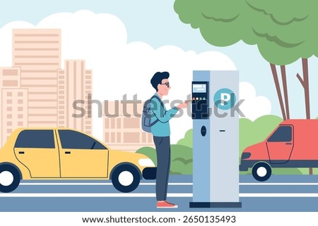 Parking system pay. Male driver paying for park place in automat. Modern payment system, ticketing machine in city center, recent vector scene