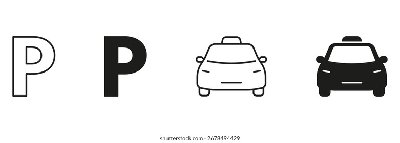 Estacionamento E Táxi Linha De Carro E Sólido Conjunto De Ícones. Transporte E Coleção De Símbolos De Veículo. Mobilidade Urbana E Transportes Públicos. Ilustração de vetor isolada.