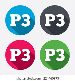 Icono de letrero del tercer piso del estacionamiento. Símbolo P3 del aparcamiento. Botones de círculo con sombra larga. Conjunto de 4 iconos. Vector