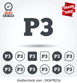 Parking third floor sign icon. Car parking P3 symbol. Circle, star, speech bubble and square buttons. Award medal with check mark. Thank you ribbon. Vector