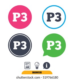 Parking third floor sign icon. Car parking P3 symbol. Report document, information sign and light bulb icons. Vector