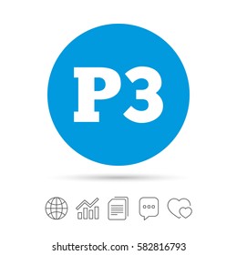 Parking third floor sign icon. Car parking P3 symbol. Copy files, chat speech bubble and chart web icons. Vector