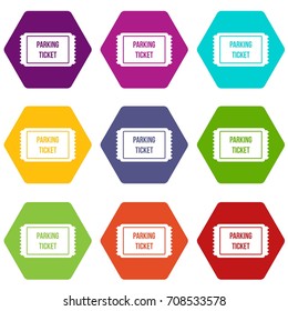 Parking ticket icon set many color hexahedron isolated on white vector illustration