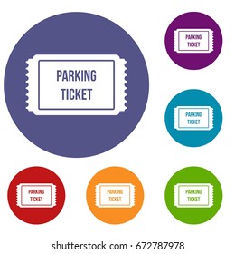 Parking ticket icons set in flat circle red, blue and green color for web