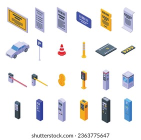 Parking ticket icons set isometric vector. Park car. Lot pay machine