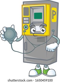 Parking ticket machine mascot icon design as a Doctor working costume with tools