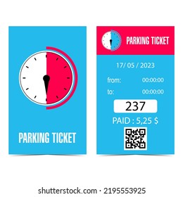 Parking ticket, parking quittance or parking receipt with countdown timer or chronometer icon, QR code, date, time, number, price and amount to pay. Vector illustration in flat style.