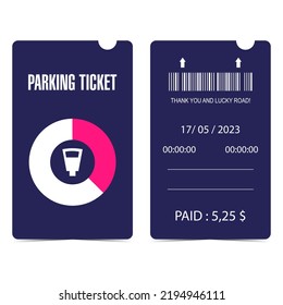 Parking ticket, quittance, receipt or talon with parking meter, bar code, date, time and price. Front and back sides of automatic parking zone quittance or receipt. Vector illustration.