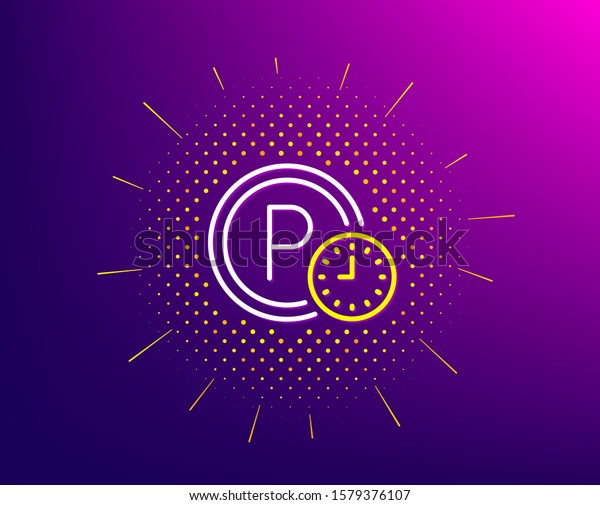 Parking time line icon. Halftone\
pattern. Car park clock sign. Transport place symbol. Gradient\
background. Parking time line icon. Yellow halftone pattern.\
Vector