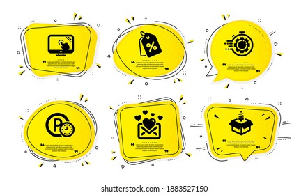 Parking time, Seo timer and Love mail icons simple set. Yellow speech bubbles with dotwork effect. Discount tags, Touch screen and Get box signs. Park clock, Cogwheel, Valentines letter. Vector