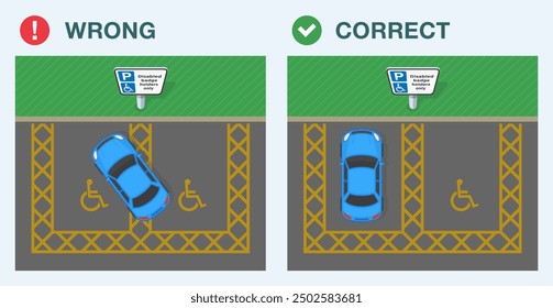 Parking tips and rules. Correct and incorrect parking. Top view of a car on a parking lot for disabled badge holders. Flat vector illustration template.