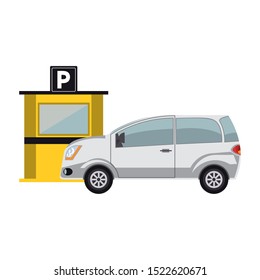 parking toll booth and car over white background, vector illustration