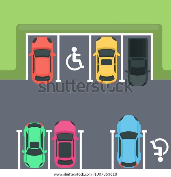Parking top view.\
Cars and disabled\
spaces.