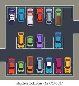 Parking Top View. Many Cars On Parking Zone, Different Vehicles In Parked Lot From Above. Auto Vector Infographic Illustration