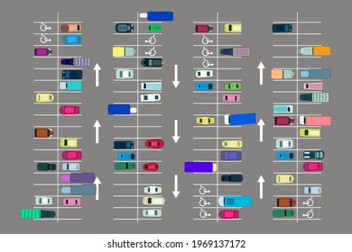 Parking top view. Many cars on parking zone. Different vehicles in parked lot from above. Road street traffic transport concept.Abstract parking lot scheme.Transportation services. Vector illustration