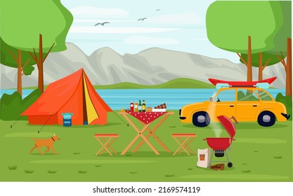 Parking for tourists on the river bank.  Green lawn, barbecue, tent, table with food, car and kayak. Vector illustration.