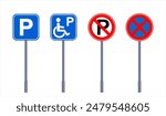 Parking traffic and disabled parking sign. Reserved parking. No parking sign. Absolutely NO STOPPING road sign. The sign stopping vehicles is prohibited. Vector flat image isolated on white background