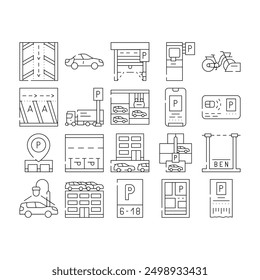 Parking Transport Collection Icons Set Vector. Electronic Parking Ticket And Pass Card, Gps Mark Location On Map And Electronic Gates Contour Illustrations