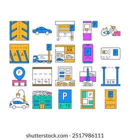 Parking Transport Collection Icons Set Vector. Electronic Parking Ticket And Pass Card, Gps Mark Location On Map And Electronic Gates Contour Illustrations