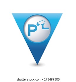 Parking under supervision icon on blue triangular map pointer. Vector illustration