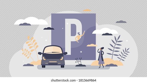 Parking lot as urban street traffic sign for vehicle tiny persons concept. Car space place information regulation banner vector illustration. City auto carpark station symbol with driver and roadsign.