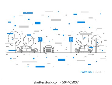 Parking vector illustration with colorful decorative elements. Parking lot creative concept. Parking zone with cars, trees and parking road signs graphic design.
