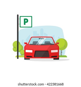 Parking lot vector illustration isolated on white, flat parking lot sign near the car parked, cartoon parking place for automobile design